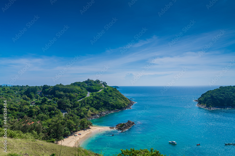 Beautiful Andaman sea and Yanui Beach from Windmill View Point near Laem Promthep Cape, Phuket Island, Thailand