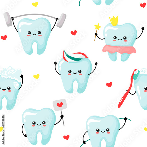 pattern of cute kawaii teeth. sandfage the root teeth. century illustration in cartoon style