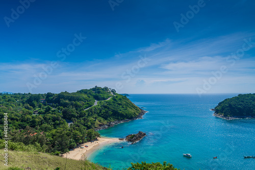 Beautiful Andaman sea and Yanui Beach from Windmill View Point near Laem Promthep Cape, Phuket Island, Thailand © Mike To