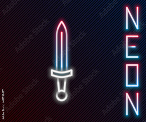 Glowing neon line Medieval sword icon isolated on black background. Medieval weapon. Colorful outline concept. Vector