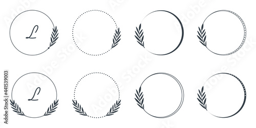 Set of black wreaths on white background. Round frame made of a twig and other decorative elements. Round template with space for text. Can be used for the logo, icons, photo overlay, greeting cards.
