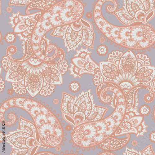 Seamless pattern with paisley ornament. Ornate fabric floral decor. Vector illustration