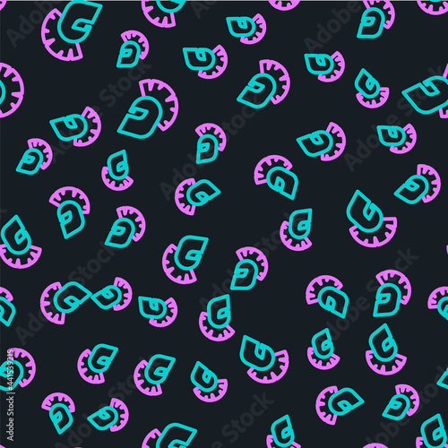 Line Greek helmet icon isolated seamless pattern on black background. Antiques helmet for head protection soldiers with a crest of feathers or horsehair. Vector