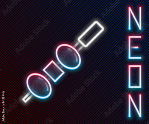 Glowing neon line Olive and cheese on chopstick icon isolated on black background. Canape, tapas with cheese and olive. Colorful outline concept. Vector