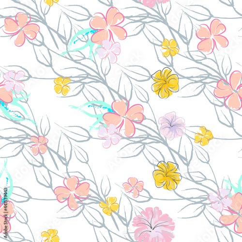 Wallpaper Mural Pink Flowers Blooming Pattern. Pastel Watercolor. Torontodigital.ca