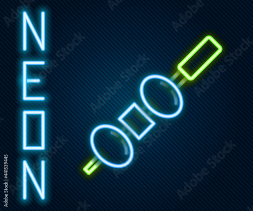 Glowing neon line Olive and cheese on chopstick icon isolated on black background. Canape, tapas with cheese and olive. Colorful outline concept. Vector