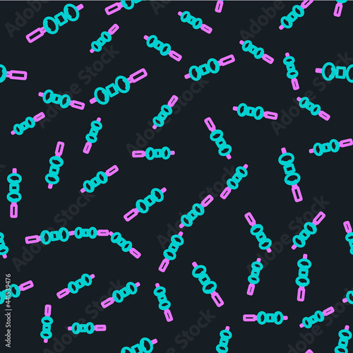 Line Olive and cheese on chopstick icon isolated seamless pattern on black background. Canape, tapas with cheese and olive. Vector