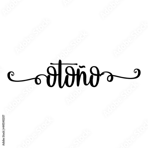 Banner con texto manuscrito otoño en español escrito a mano con florituras en color negro
