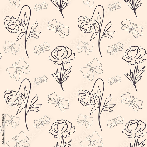 Seamless pattern with flowers and butterflies  vector illustration. Continuous background with moths and flowers with blossoming petals. Line art  hand drawing. Modern minimalistic pattern  wallpaper.