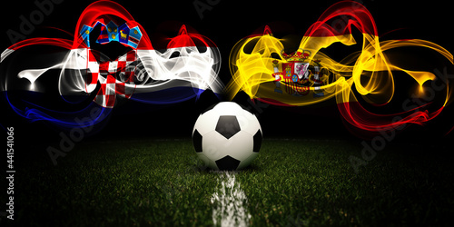 Football tournament. Football with national flags of Croatia and Spain. Soccer ball and text. 3d rendering. Soccer match. Euro cup or world cup.