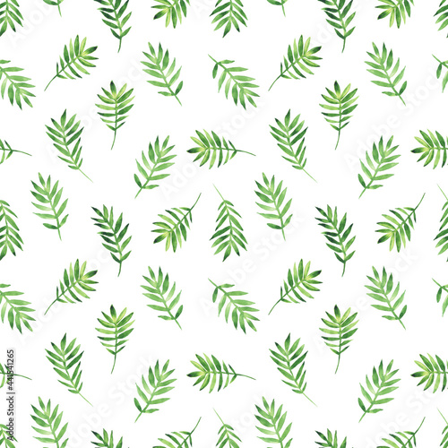 Green leaves in seamless pattern on white background. Hand drawing foliage illustration for digital paper, wrapping, textile.