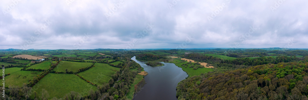 Aerial Panoramic view of summer cloudy quoile river countryside, Northern Ireland Aerial Panoramic view of summer cloudy quoile river countryside, Northern Ireland