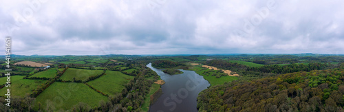 Aerial Panoramic view of summer cloudy quoile river countryside, Northern Ireland
