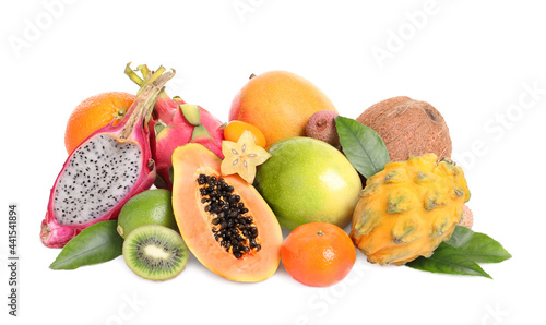 Fototapeta Naklejka Na Ścianę i Meble -  Pile of different exotic fruits on white background