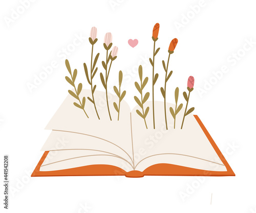 Vector illustration of an open book with flowers growing, and heart. Illustration dedicated to the Day of Book Lovers, August 9. The concept of reading growth, promotion of reading. Hand-drawn.