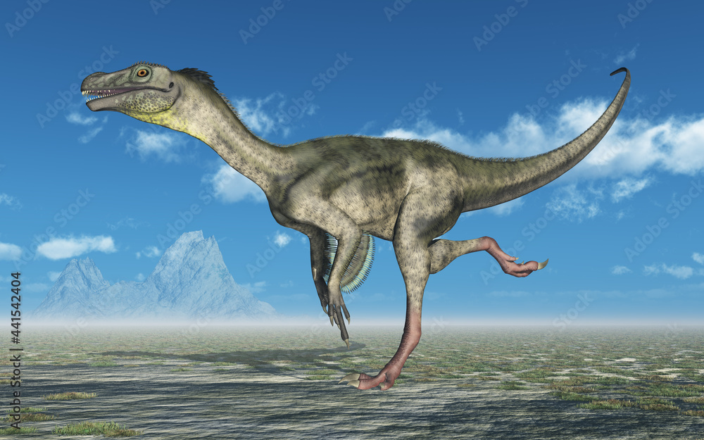 Fototapeta premium Dinosaurier Ornitholestes in einer Landschaft