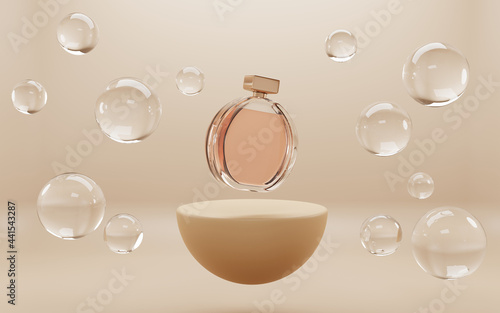 Perfume glass bottle on golden podium with soap water bubbles mock up banner, beauty skin care cosmetics tube on abstract geometric stage, product ad on showroom platform. Realistic 3d illustration photo