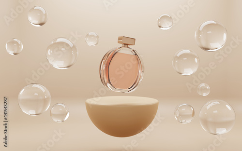 Fotografie Perfume glass bottle on golden podium with soap water bubbles mock up banner, beauty skin care cosmetics tube on abstract geometric stage, product ad on showroom platform