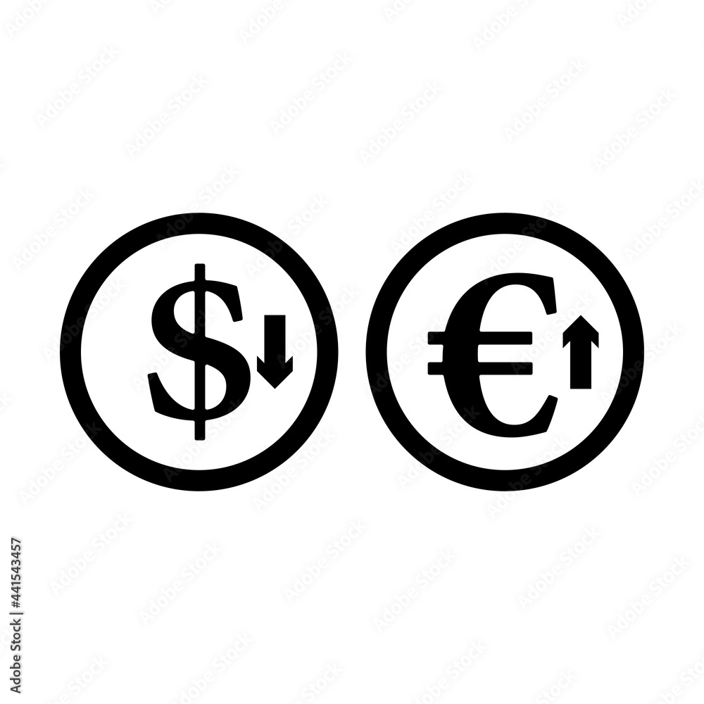 Falling Dollar And Growth Up Euro Coins Icon Falling Dollar And Growth Up Euro Coins Icon
