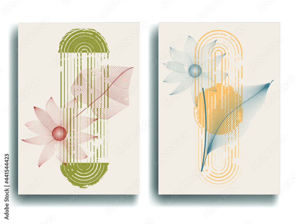 Poster with leaves and geometric shapes in Boho style . Minimal design with grange elements . Trendy brochure . Vector illustration. Poster with leaves and geometric shapes in Boho style . Minimal design with grange elements . Trendy brochure . Vector illustration.