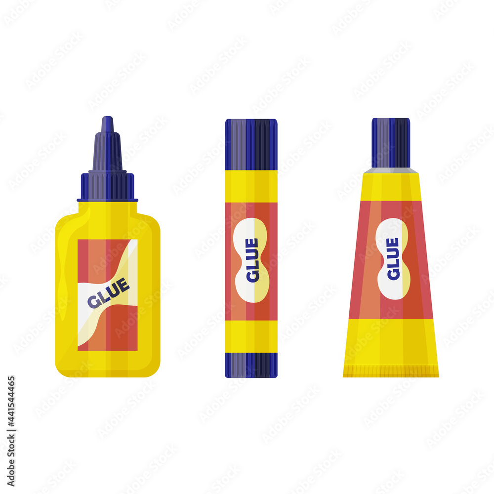 A school set consisting of various tubes of glue for gluing paper. School and office supplies. Stationery glue vector illustration isolated on a white background A school set consisting of various tubes of glue for gluing paper. School and office supplies. Stationery glue vector illustration isolated on a white background