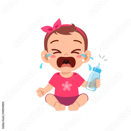 cute little baby girl cry holding empty milk bottle
