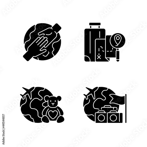 Travel black glyph icons set on white space. Volunteer trip. Group journey. DIY travel. Fly on airplane tour abroad. Tourism industry. Silhouette symbols. Vector isolated illustration