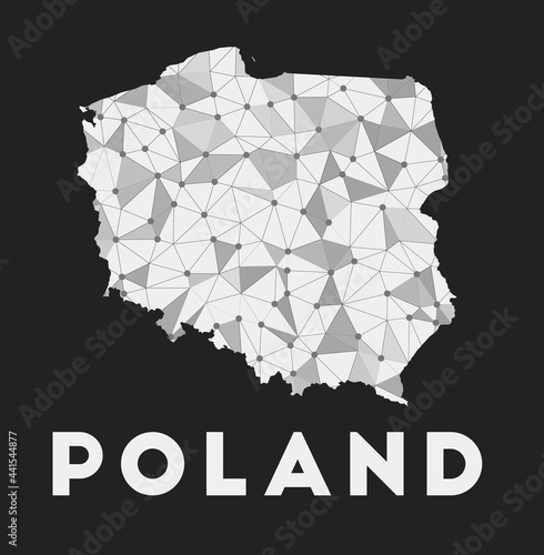 Poland - communication network map of the country. Poland trendy geometric design on a dark background. Technology, internet, network, telecommunication concept. Vector illustration.