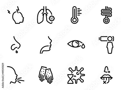 Set of black vector icons, isolated against white background. Flat illustration on a theme respiratory symptoms, diseases, incubation period