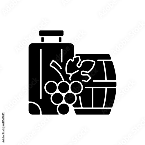 Industrial tourism black glyph icon. Journey abroad for wine tasting. Journey for gastronomy and vinitourism. Travel industry category. Silhouette symbol on white space. Vector isolated illustration