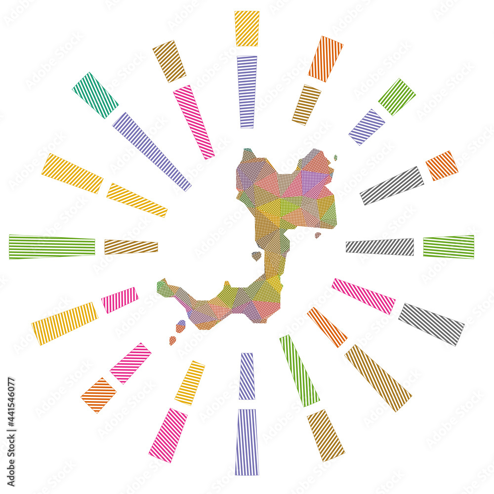 Canouan sunburst. Low poly striped rays and map of the island. Vibrant