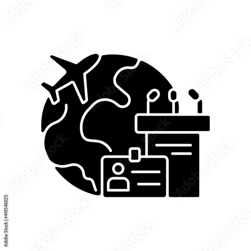 MICE tourism black glyph icon. Business trip. International flight for professional meeting. Journey for conference. Travel industry. Silhouette symbol on white space. Vector isolated illustration