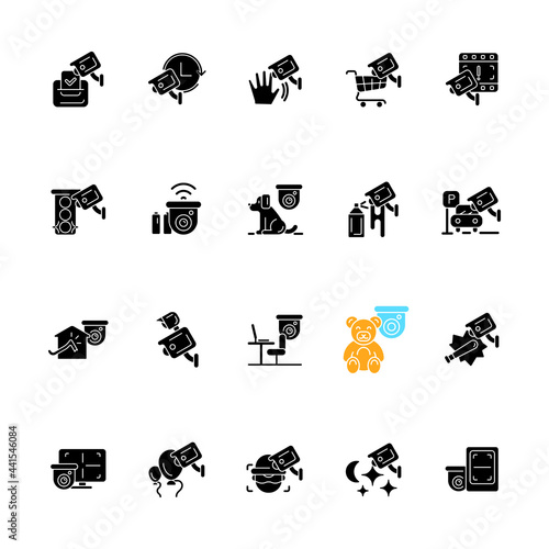 Surveillance and security systems black glyph icons set on white space. CCTV camera installation. 24 7 protection. House intrusion prevention. Silhouette symbols. Vector isolated illustration
