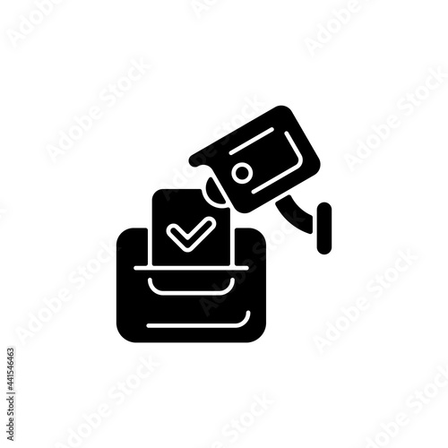 Video election observation black glyph icon. Monitoring polling stations. Electoral fraud prevention. Democracy promotion. Silhouette symbol on white space. Vector isolated illustration