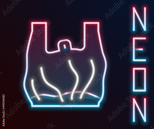 Glowing neon line Say no to plastic bags poster icon isolated on black background. Disposable cellophane and polythene package prohibition sign. Colorful outline concept. Vector