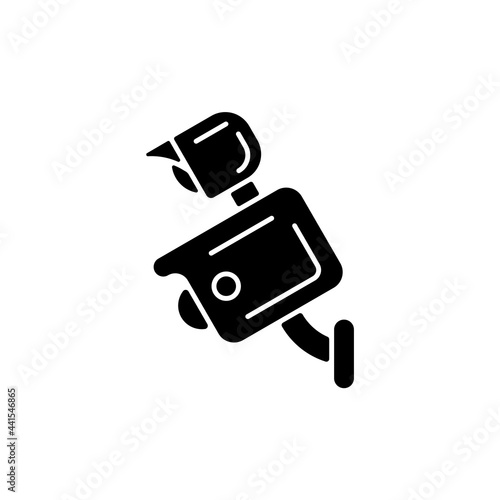 Floodlight camera black glyph icon. Scaring away intruders. Light control. Wireless outdoor camera. Motion detection function at nights. Silhouette symbol on white space. Vector isolated illustration