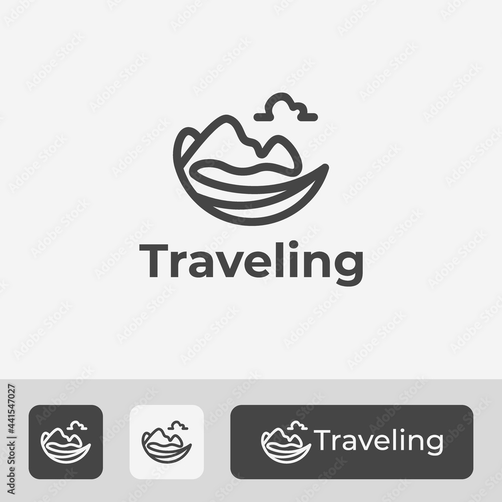 travel logo with mountain element, sea, and cloud, simple and unique symbol icon illustration travel logo with mountain element, sea, and cloud, simple and unique symbol icon illustration
