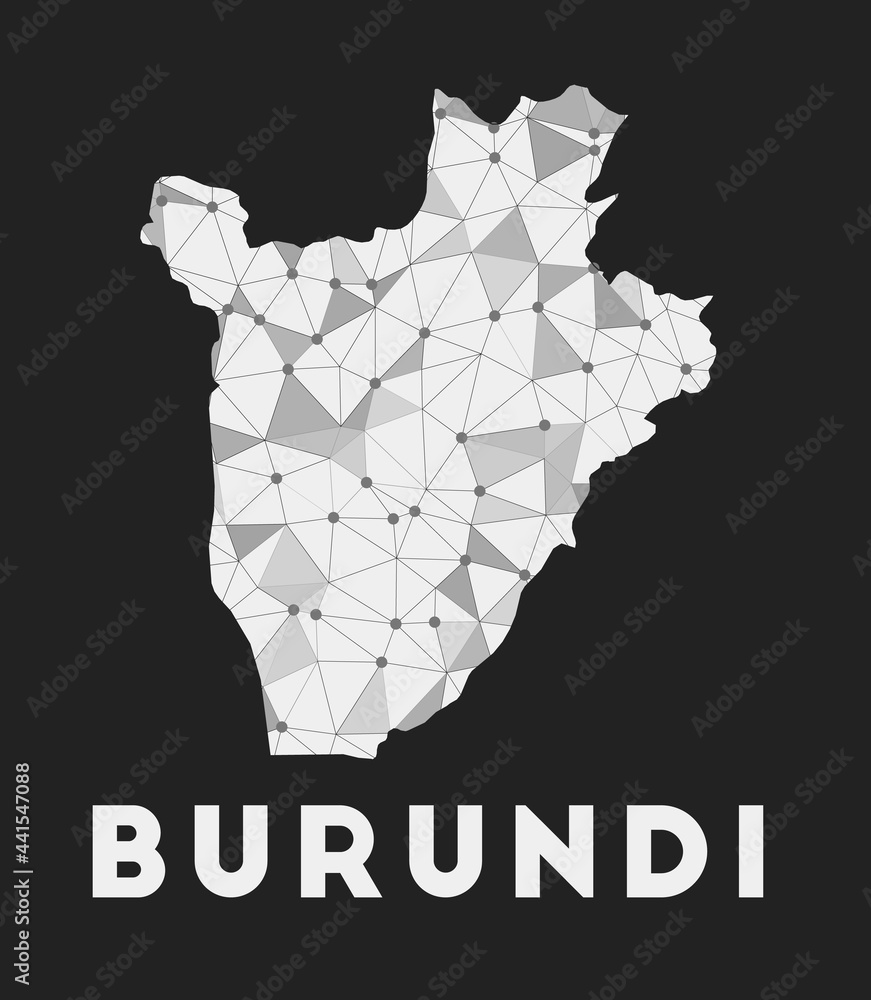 Burundi - communication network map of country. Burundi trendy geometric design on dark background. Technology, internet, network, telecommunication concept. Vector illustration.