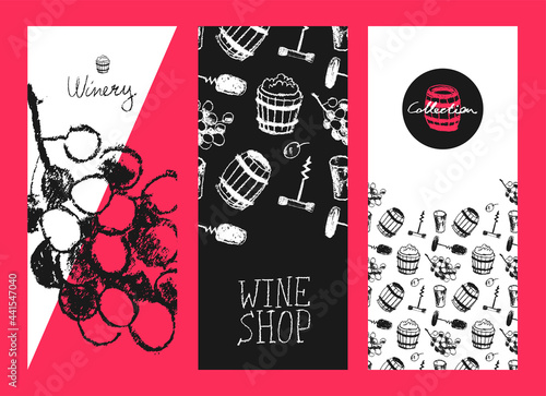 Wine banner set. Vector winemaking icons. Winery label template. Viticulture flyer. Monochrome hand-drawn illustration. Corkscrew, wine barrel, grape, stopper. Wine tasting logo. Wine pattern seamless