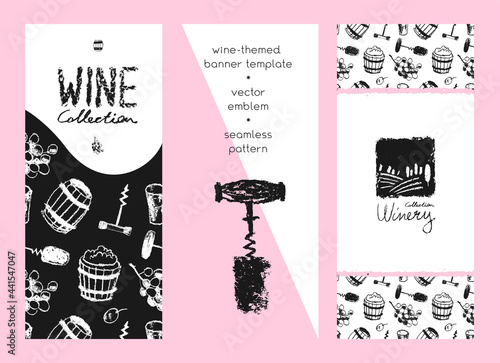 Wine banner set. Vector winemaking icons. Winery label template. Viticulture flyer. Monochrome hand-drawn illustration. Corkscrew, wine barrel, grape, stopper. Wine tasting logo. Wine pattern seamless