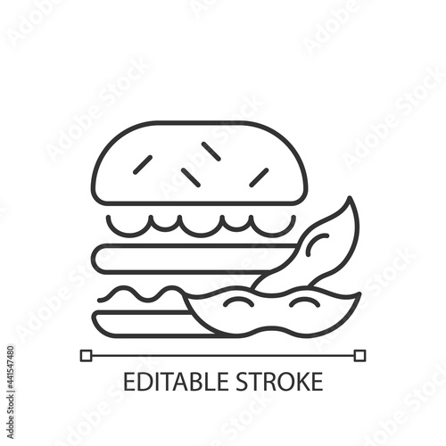 Soy burger linear icon. Patty made from organic vegetables. Vegeterian type of popular foods. Thin line customizable illustration. Contour symbol. Vector isolated outline drawing. Editable stroke