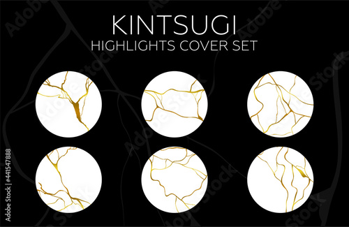 Gold kintsugi cover design vector. Luxury golden marble texture. Crack and broken ground pattern for wall arts. highlight cover set