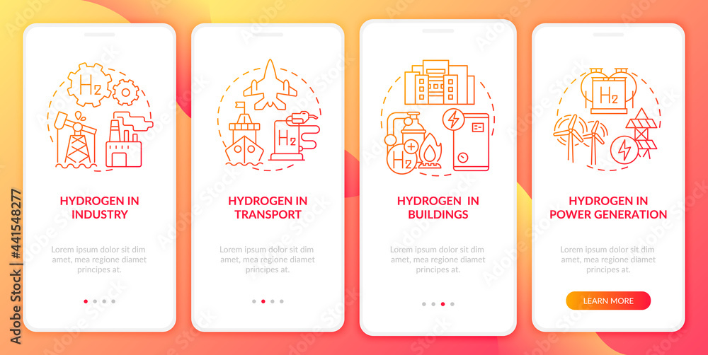 Fototapeta premium Hydrogen solutions onboarding mobile app page screen. Transportation sector sector walkthrough 4 steps graphic instructions with concepts. UI, UX, GUI vector template with linear color illustrations