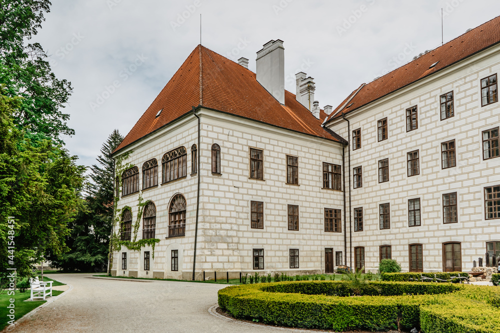 Trebon, Czech Republic.Renaissance chateau with baroque fountain surrounded by magnificent English style park.Castle in popular spa town,South Bohemia.National Cultural Monument.Spring sightseeing