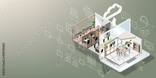 Work from home concept is presented in isometric style of home office and laptop with video conference application and office that has to be temporarily closed to reduce the virus outbreak and