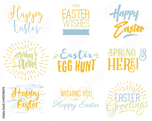 Easter wishes overlays  lettering labels design set. Holiday easter badges. Hand drawn emblems. Isolated. Religious holiday sign or logo. Easter photo overlays design for web  print. Pastel Palette