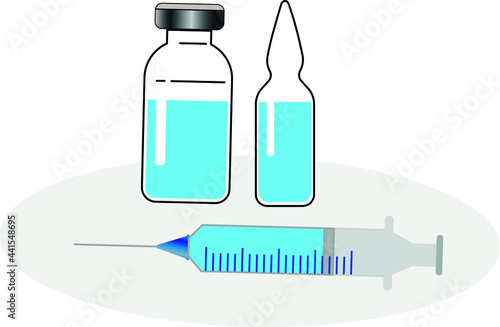 Bottle and syringe with blue vaccine injection from covid-19 virus isolated vector illustration.Time to vaccinate.Stop pandemic coronavirus.Healthcare.Antiviral medical concept for web design.