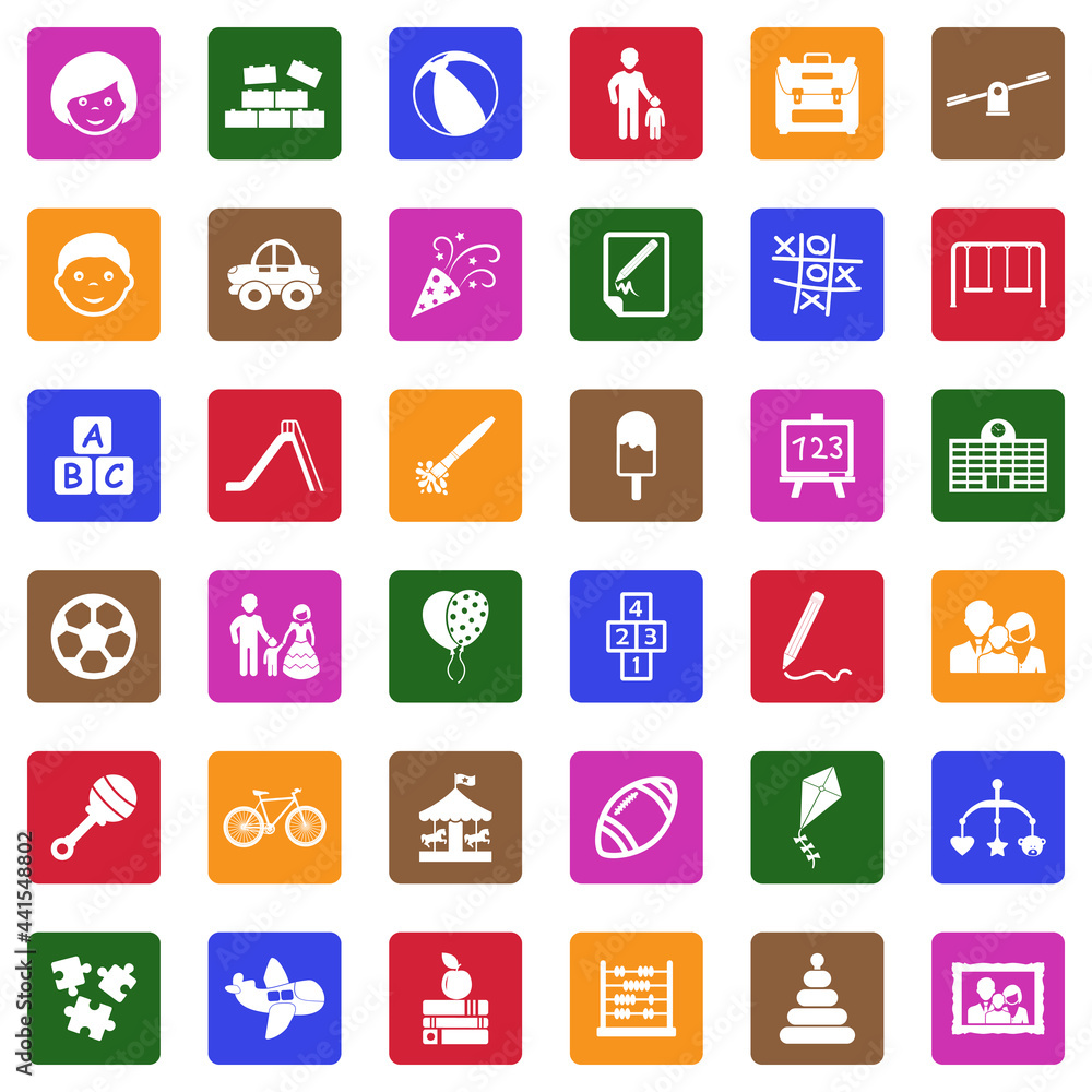 Kids Icons. White Flat Design In Square. Vector Illustration. Kids Icons. White Flat Design In Square. Vector Illustration.