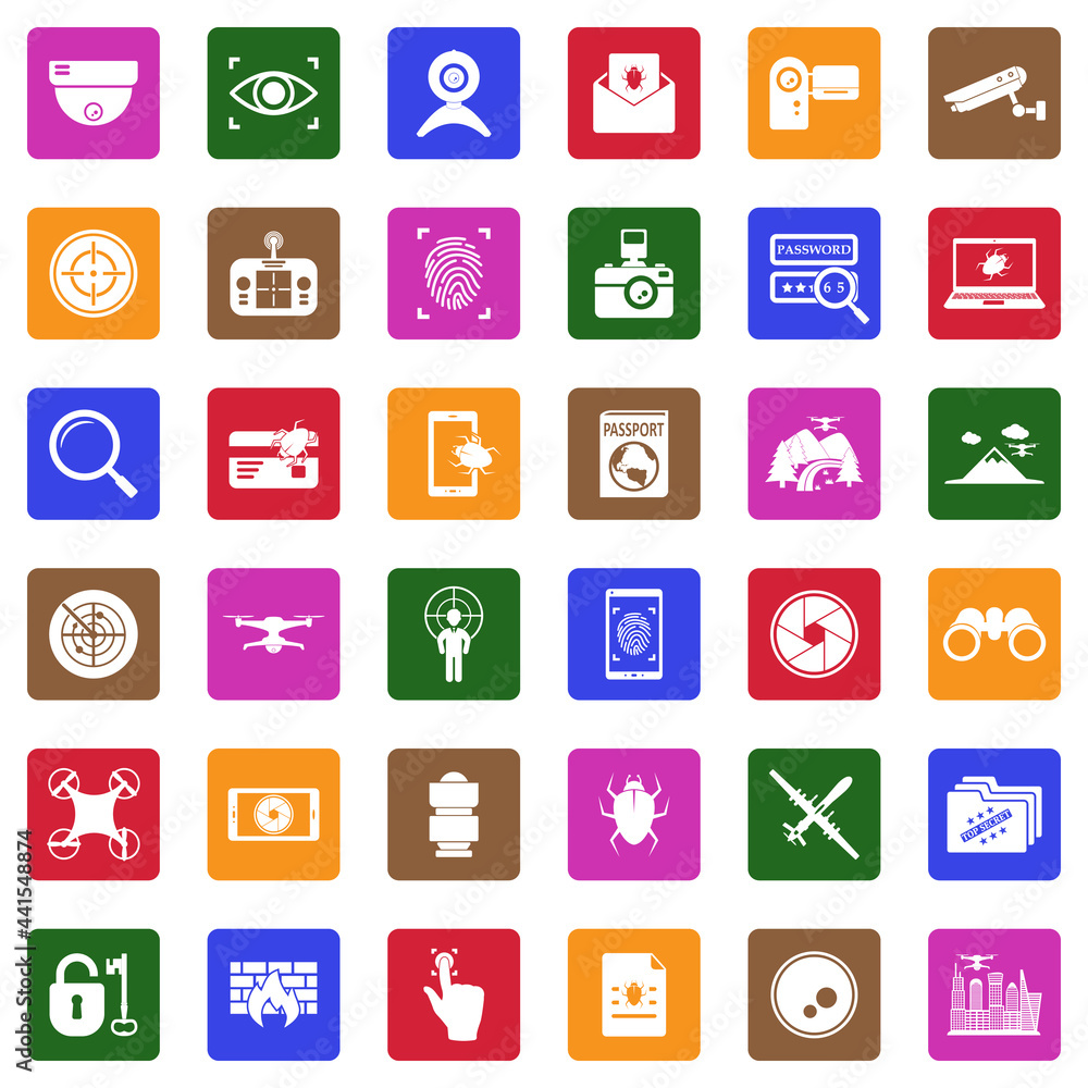 Surveillance Icons. White Flat Design In Square. Vector Illustration. Surveillance Icons. White Flat Design In Square. Vector Illustration.