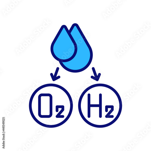 Water splitting for hydrogen production RGB color icon. Using high temperatures and electricity. Isolated vector illustration. Water molecules dissociation simple filled line drawing